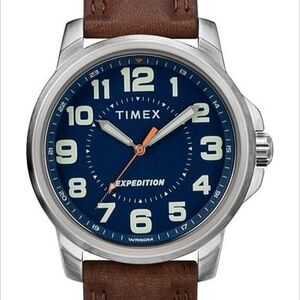 Timex TW4B16000, Men's "Expedition Field" Brown Leather Watch, Blue Dial, NEW